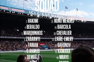 巴黎对阵昂热大名单：登贝莱领衔，多纳鲁马、K77缺席